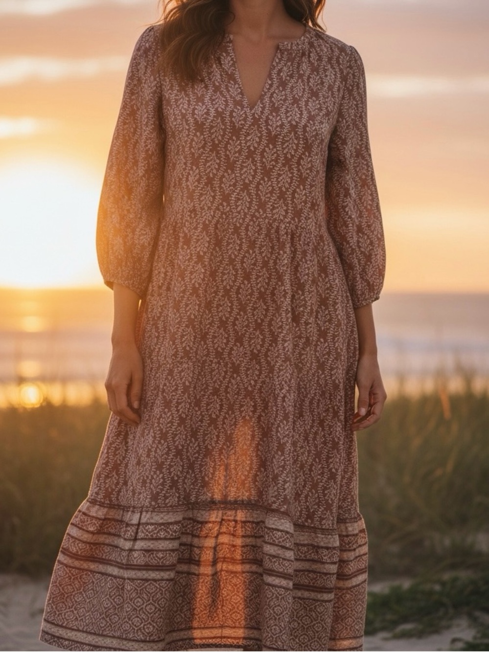 Rust Floral Midi Dress with Three-Quarter Sleeves Lucky Brand Size M